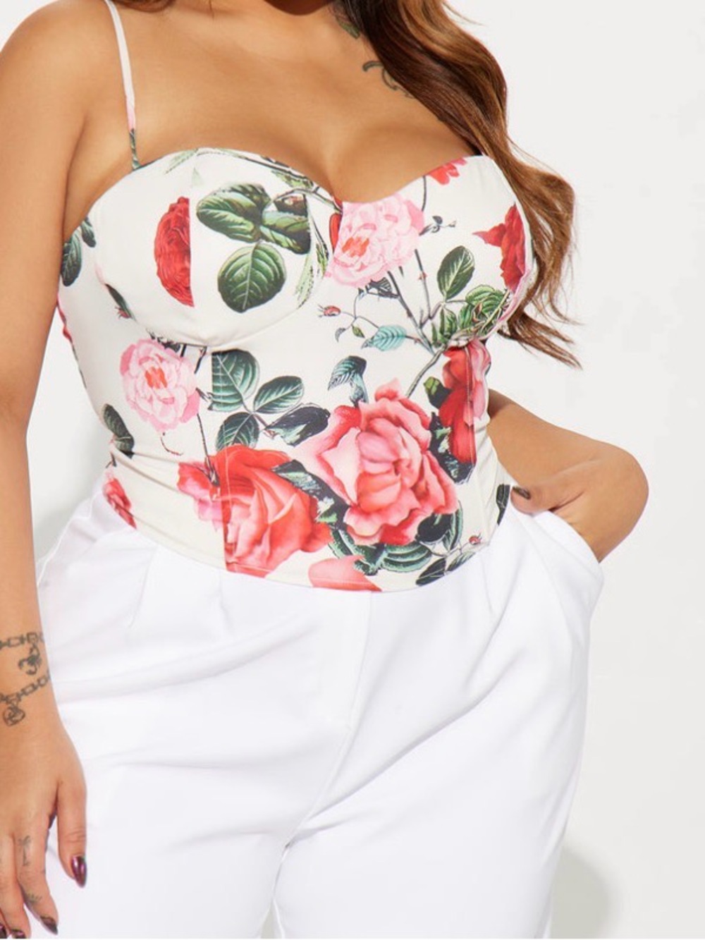 Fashion Nova Floral Bustier Corset Top in White with Red Roses